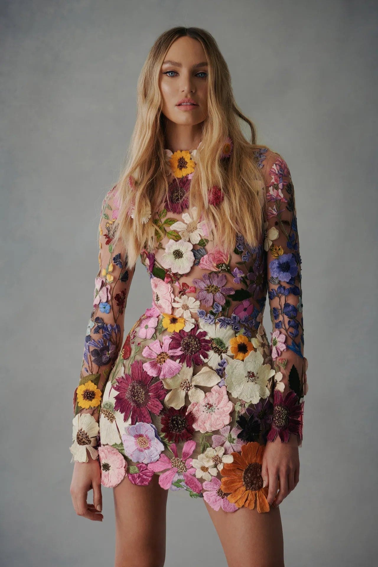 Fiorella Jurk | Bodycon Damesjurk met 3D Bloemenprint en Lange Mouwen
