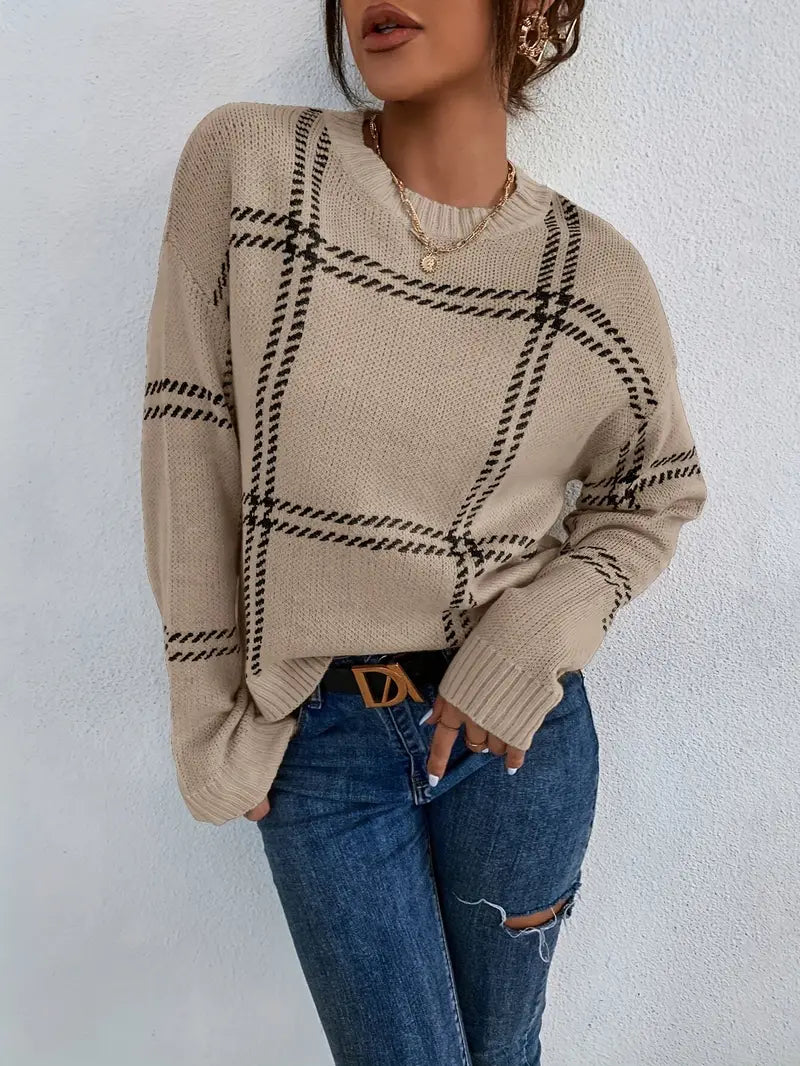 Adriana Trui | Gebreide Damestrui met Klassiek Plaid Patroon en Zachte Stof