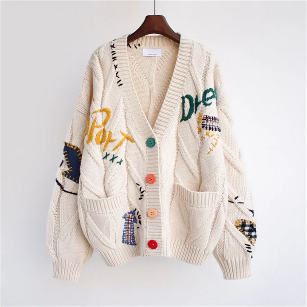 Audrey Geborduurd Vest | Artistiek Gebreid Vest met Kleuraccenten en Comfortabele Pasvorm