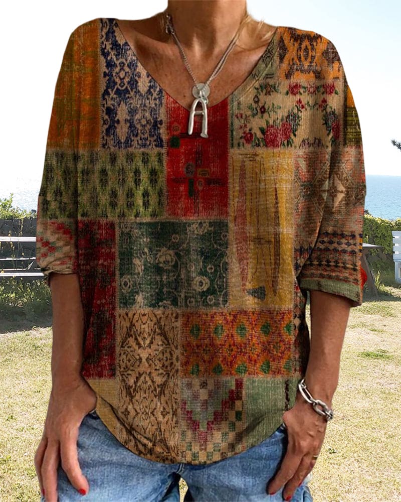 Adrie Top | Vintage Geometrische Top met V-hals en Losse Pasvorm