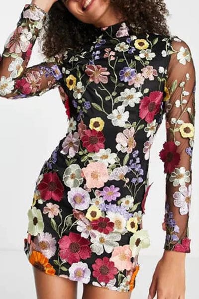 Fiorella Jurk | Bodycon Damesjurk met 3D Bloemenprint en Lange Mouwen