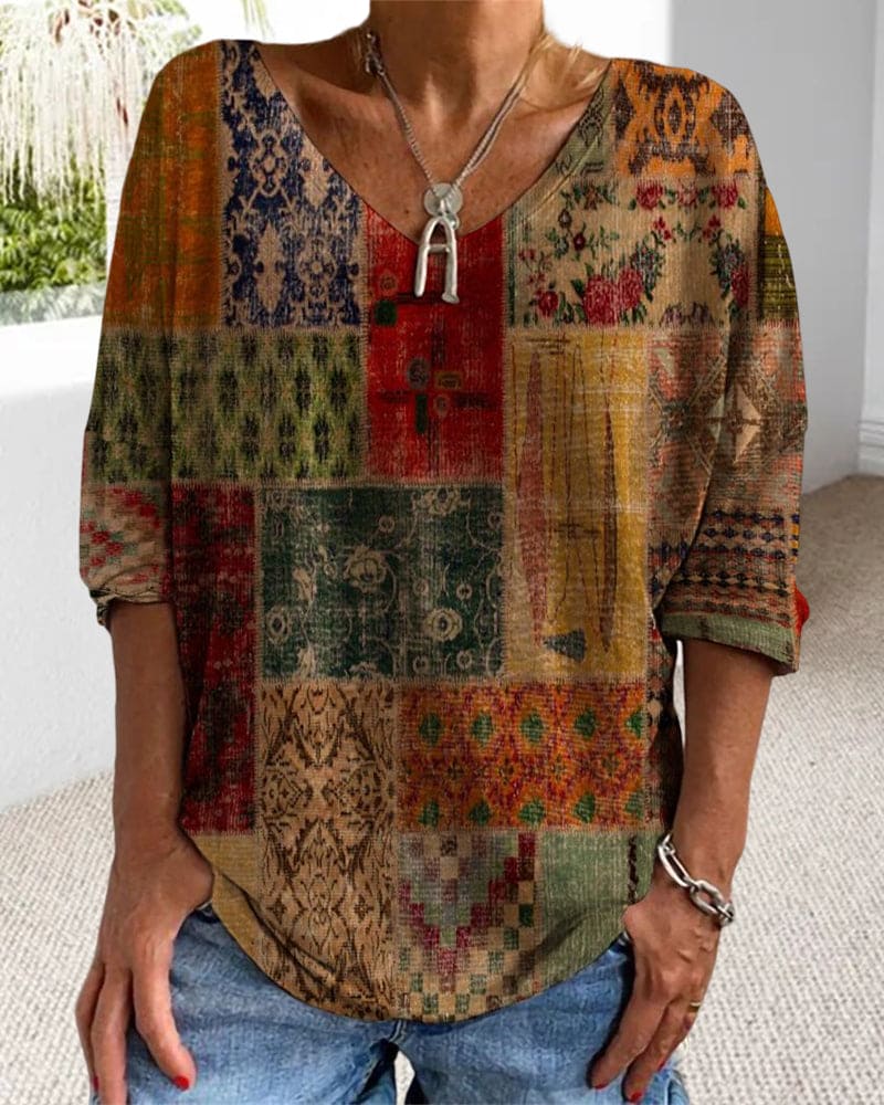 Adrie Top | Vintage Geometrische Top met V-hals en Losse Pasvorm