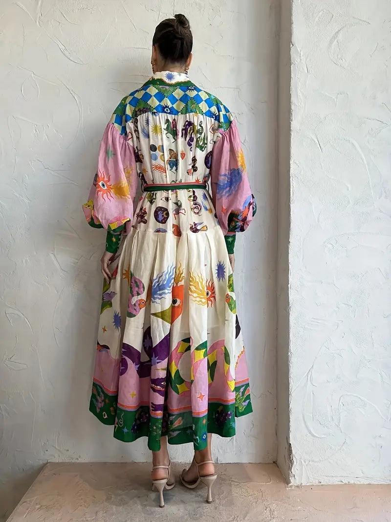 Adeline Maxi-jurk | Vloeiende Jurk met Abstracte Print, Lantaarnmouwen en Taille Riem