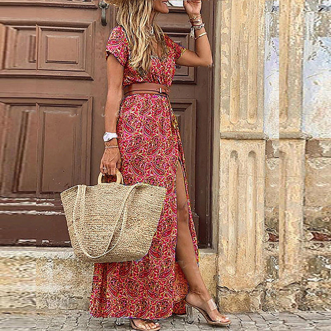 Adele Jurk | Bohemian Jurk met V-Hals, Bloemenprint en Elegante Split