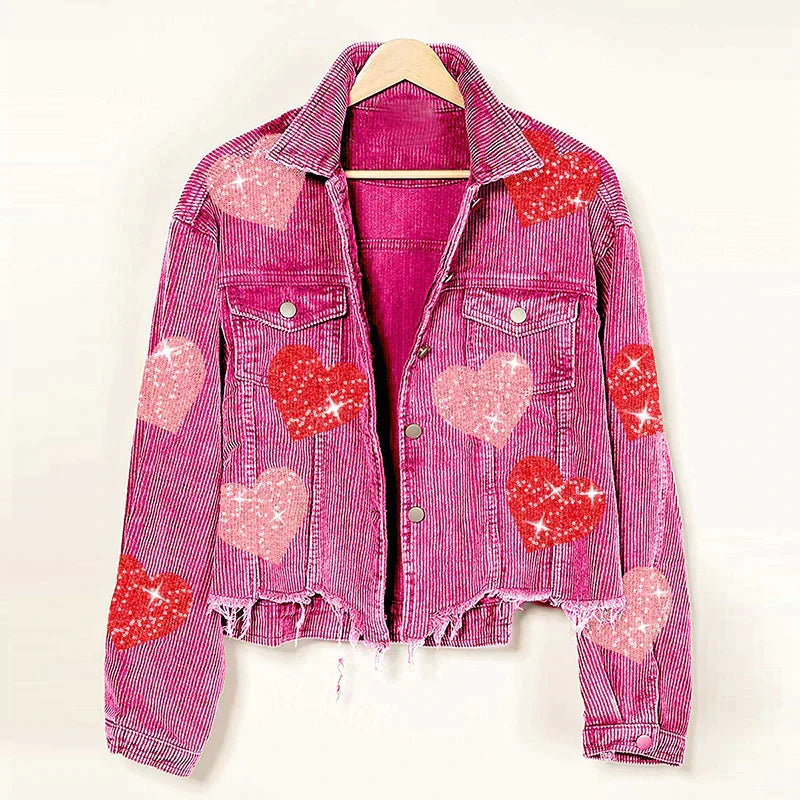 Alessandra Bomberjack | Corduroy Bomberjack met Paillettenhart en Ritssluiting