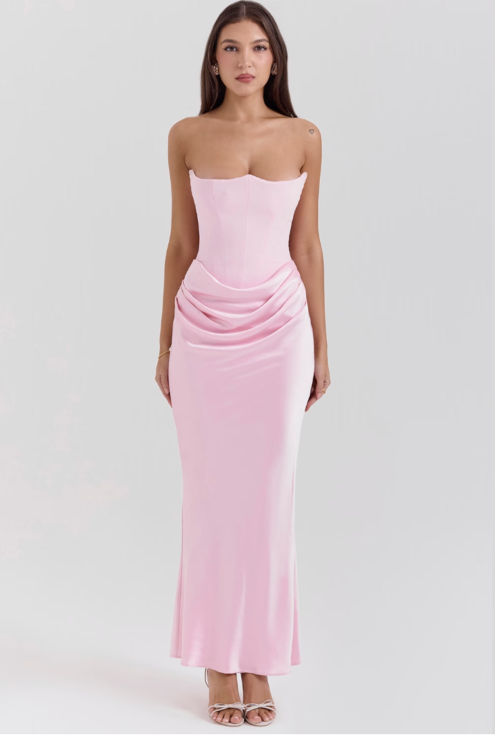 Viviana Dress | Strapless Corset Jurk van Satijn met Elegante Split