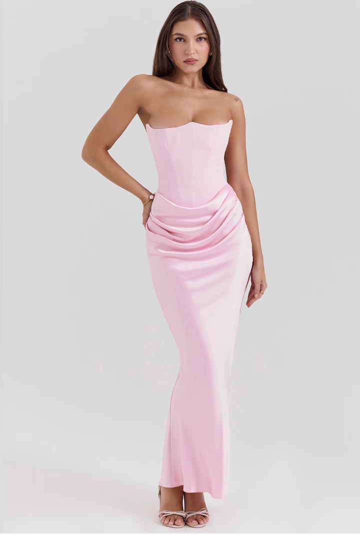 Viviana Dress | Strapless Corset Jurk van Satijn met Elegante Split