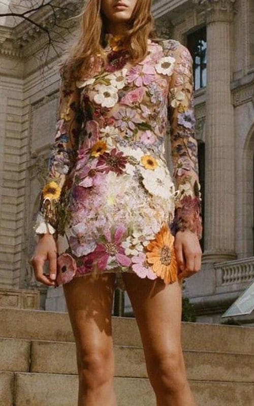 Fiorella Jurk | Bodycon Damesjurk met 3D Bloemenprint en Lange Mouwen