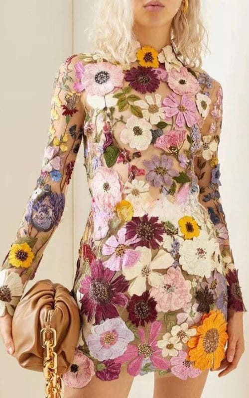 Fiorella Jurk | Bodycon Damesjurk met 3D Bloemenprint en Lange Mouwen