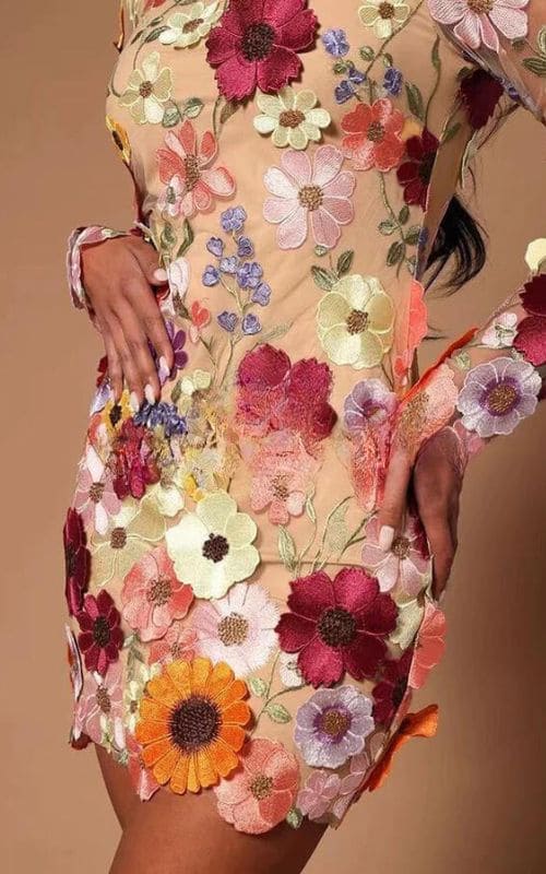 Fiorella Jurk | Bodycon Damesjurk met 3D Bloemenprint en Lange Mouwen