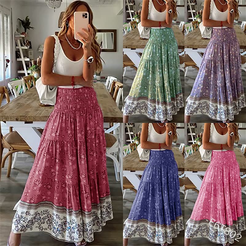 Chiara Rok | Bohemian Maxi Rok met Uniek Bloemendesign en Elastische Taille