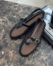 Juliette Mesh Ballerina's Dames met Ademend Mesh, Leren Details en Gesp - Wit/Zilver/Zwart