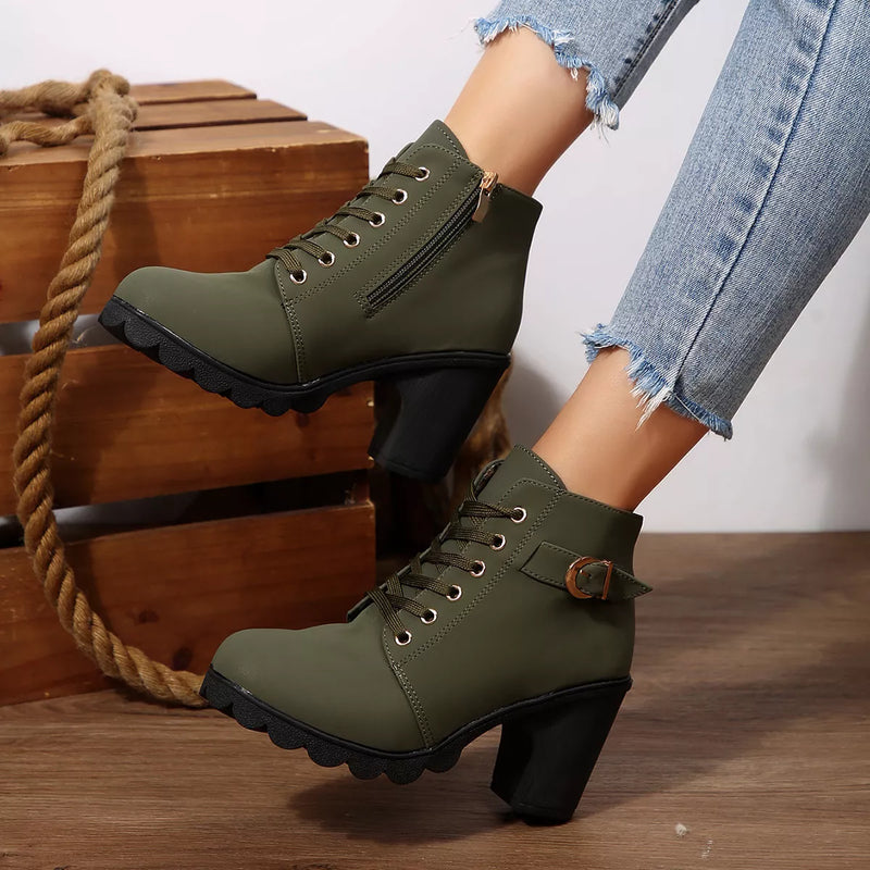 Dames Blokhak Enkellaars Rits en Vetersluiting Casual Dagelijks - Zwart / Bruin / Groen - Maelen
