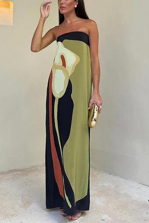 Estrella | Luxe Strapless Maxi Jurk met Print - Vloeiend, Feestklaar en Opvallend - Groen / Oranje / Lila