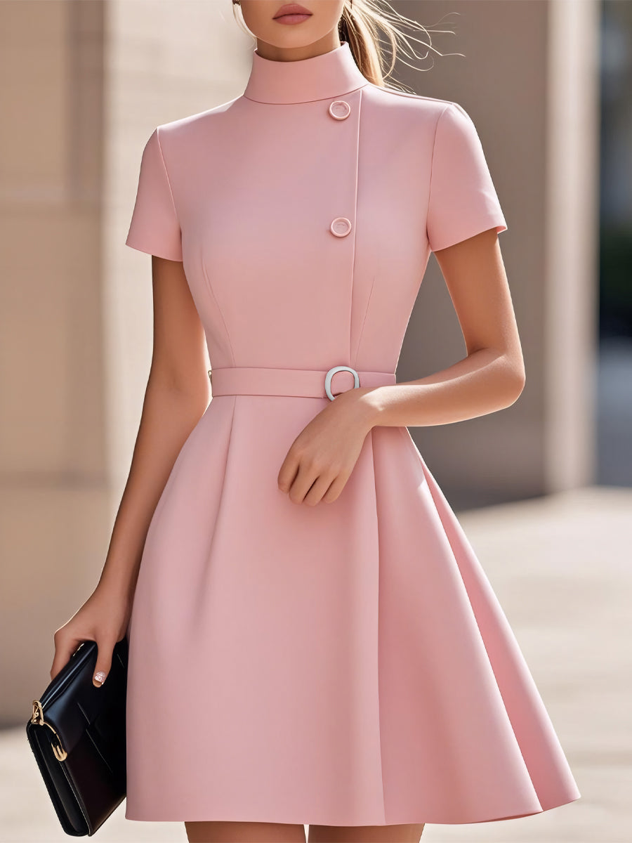 Dames Getailleerde Jurk Hoge Hals met Ceintuur Feestelijk - Ivoor Wit / Blauw / Roze - Maelen