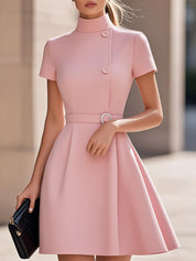 Dames Getailleerde Jurk Hoge Hals met Ceintuur Feestelijk - Ivoor Wit / Blauw / Roze - Maelen