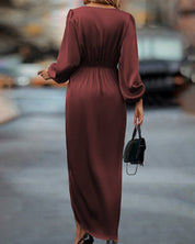 Elegante Midi Jurk Dames met V-hals en Ballonmouwen - Bella Conti
