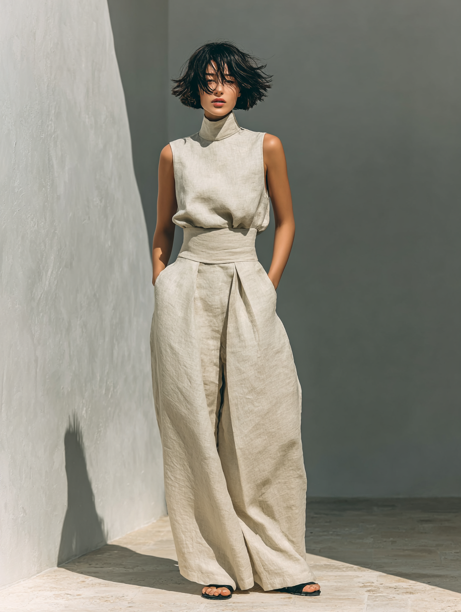 Linnen Set Dames Tweedelig Mouwloze Top en Wijde Broek - Lichtblauw / Khaki / Olijfgroen - Maelen