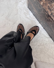 Juliette Mesh Ballerina's Dames met Ademend Mesh, Leren Details en Gesp - Wit/Zilver/Zwart