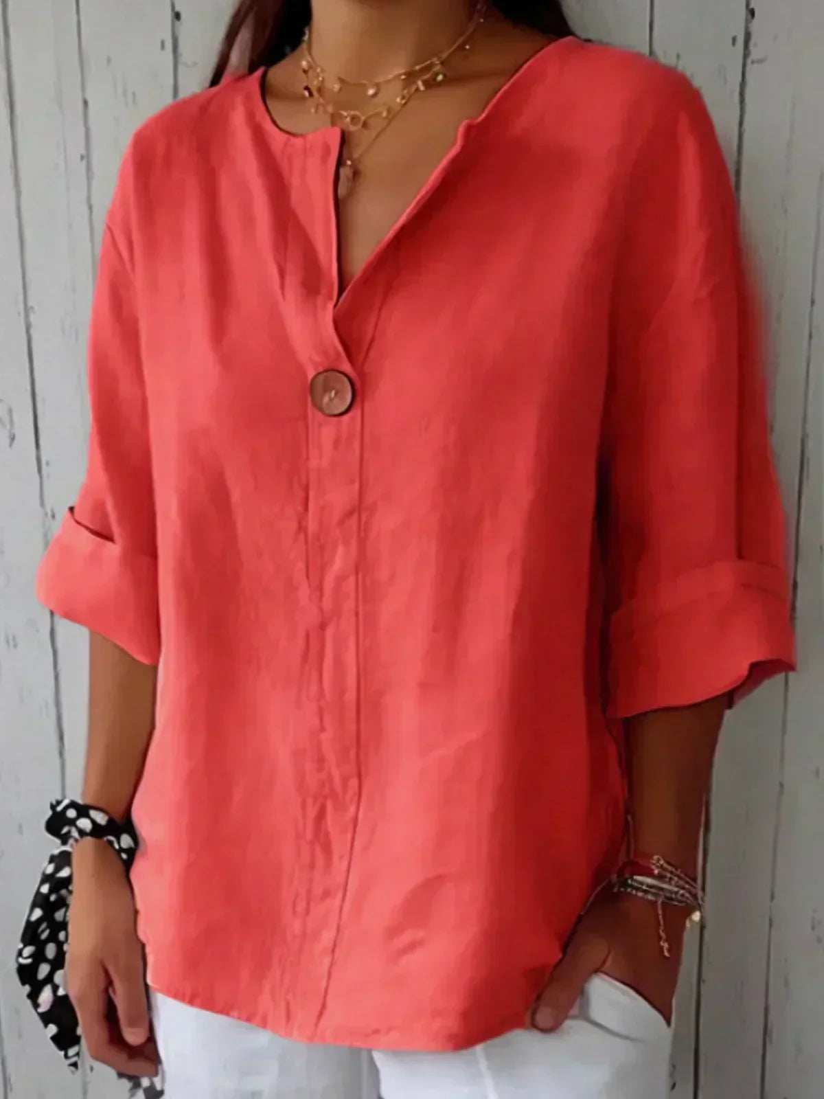 Dames Zomerblouse V-hals Knoopdetail Linnen Look Loszittend - Beige / Marineblauw / Rood - Maelen