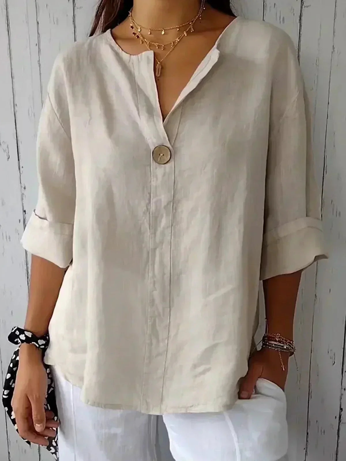 Dames Zomerblouse V-hals Knoopdetail Linnen Look Loszittend - Beige / Marineblauw / Rood - Maelen