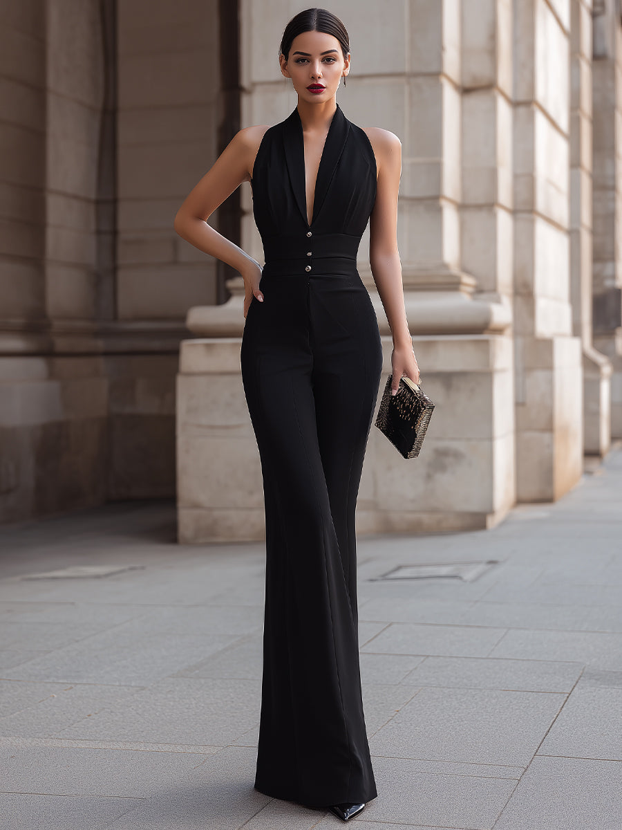 Dames Jumpsuit Halternek Wijde Pijpen Getailleerde Pasvorm Casual en Dagelijks - Zwart - Maelen
