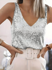 Cosima Top | Mouwloze Pailletten Top met Elegante V-Hals