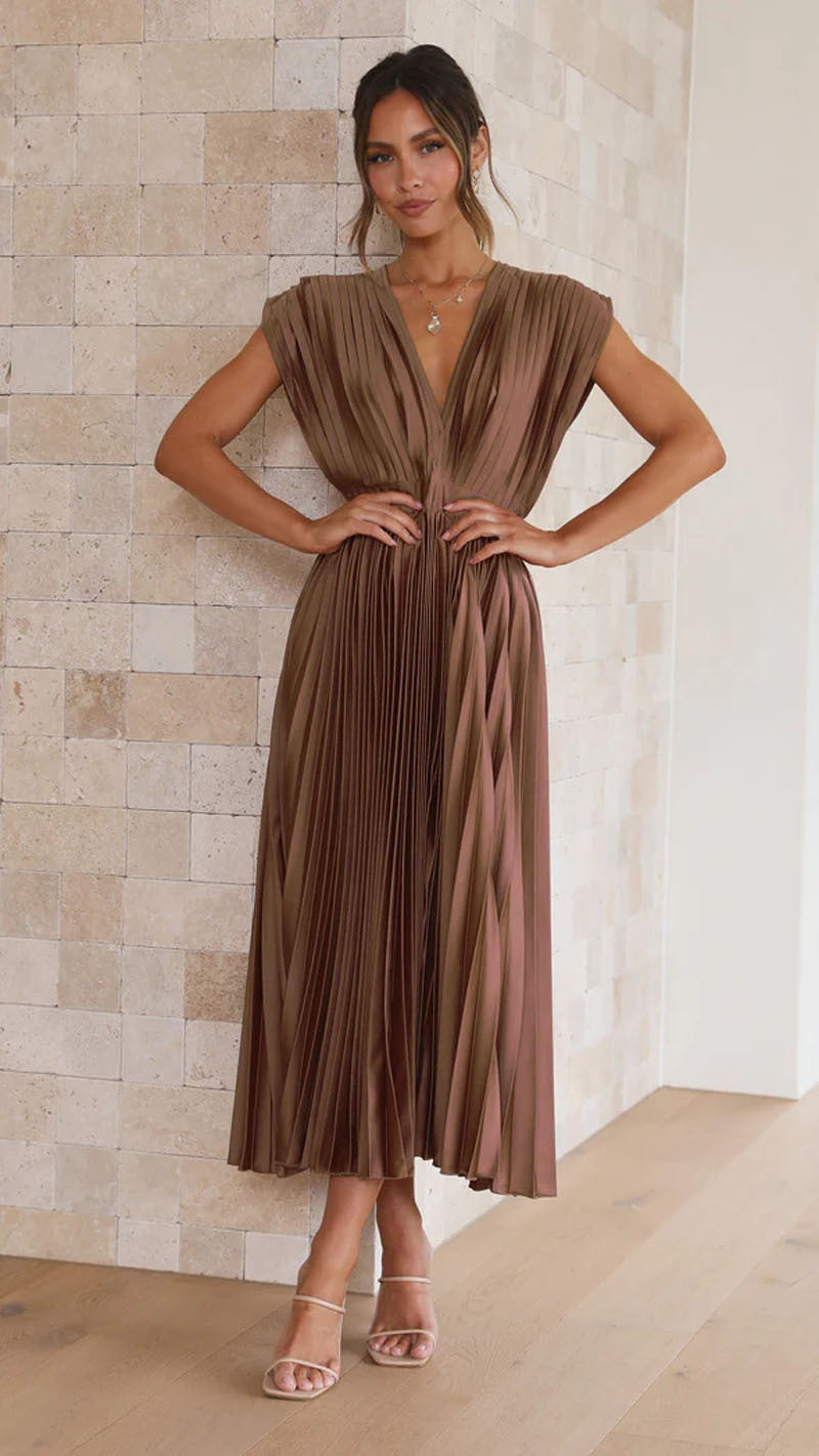 Dames Midi Jurk Plissé Rok V-hals Korte Mouwen Bruiloft Gast - Roze / Beige / Lila - Maelen