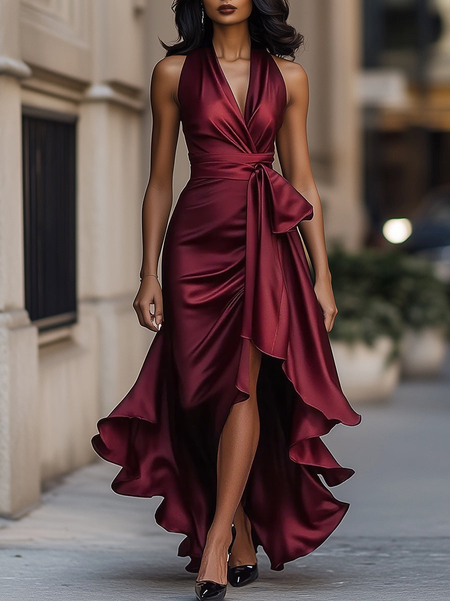 Dames Halter Maxi Jurk Satijn Look Diepe V-hals Split Vloerlengte Feestelijk - Marineblauw / Champagne / Bordeaux - Maelen