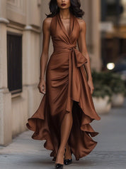 Dames Halter Maxi Jurk Satijn Look Diepe V-hals Split Vloerlengte Feestelijk - Marineblauw / Champagne / Bordeaux - Maelen