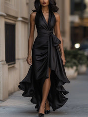 Dames Halter Maxi Jurk Satijn Look Diepe V-hals Split Vloerlengte Feestelijk - Marineblauw / Champagne / Bordeaux - Maelen