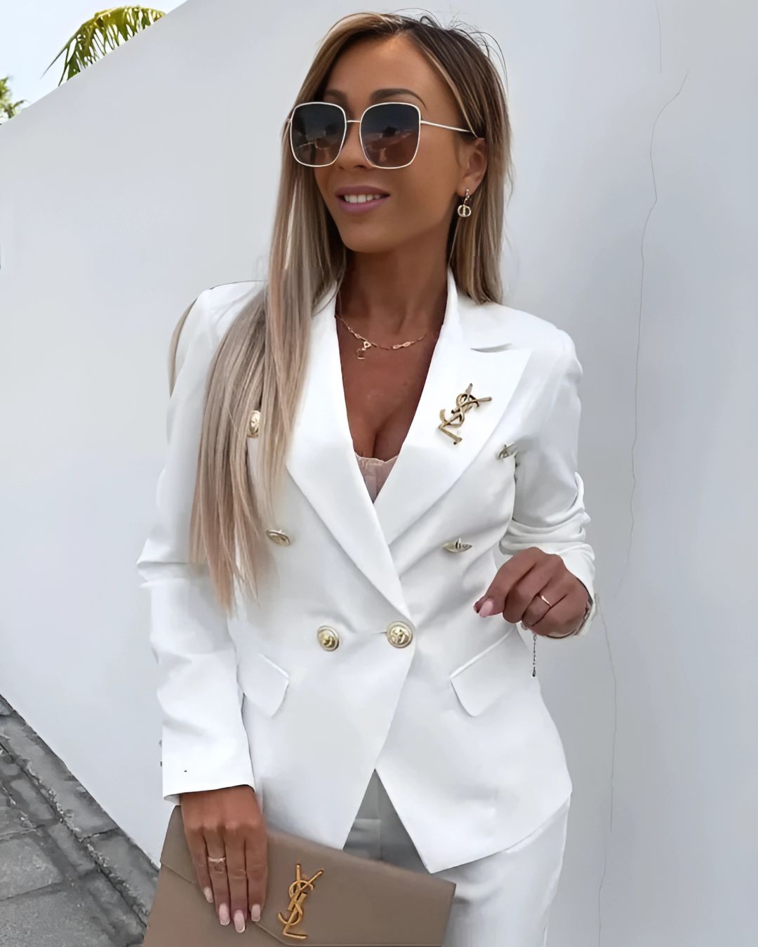 Francesca Dames double-breasted pak – elegant broekpak met metallic knopen en tailored fit