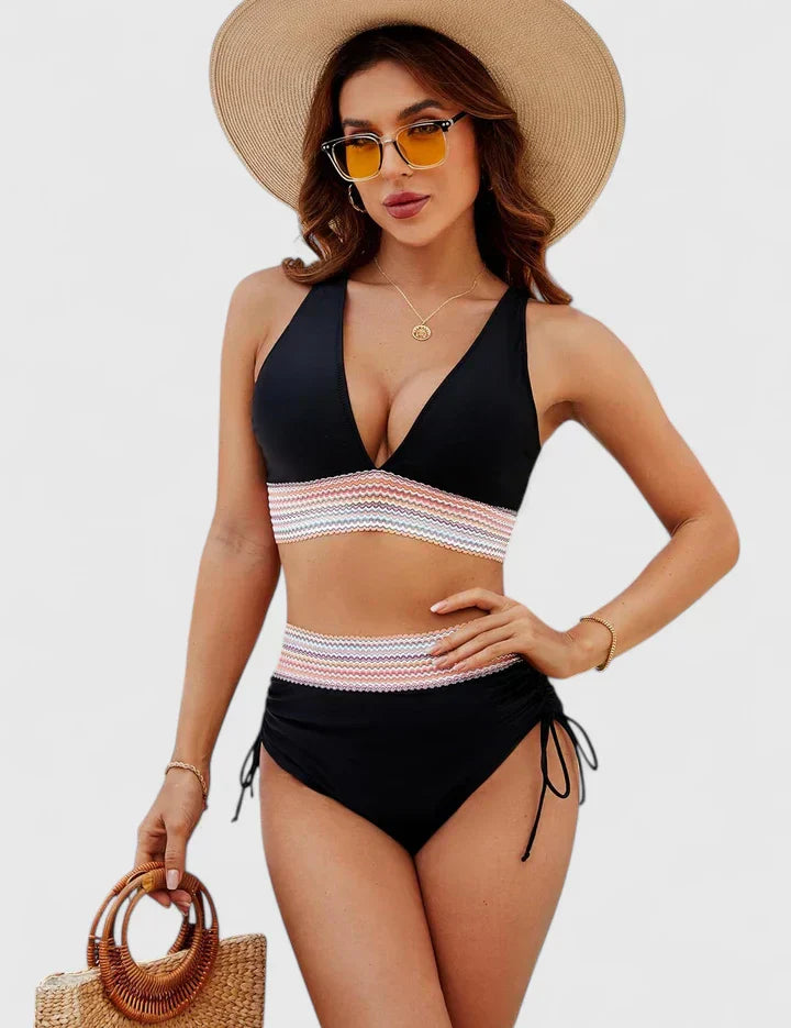 High Waist Bikini Set Dames met Diepe V-hals, Kruisende Bandjes en Kleurblok Design - Valentina Costa