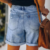 Michelle Shorts | Hoge Taille Denim Shorts met Omgerolde Zoom en Relaxte Fit