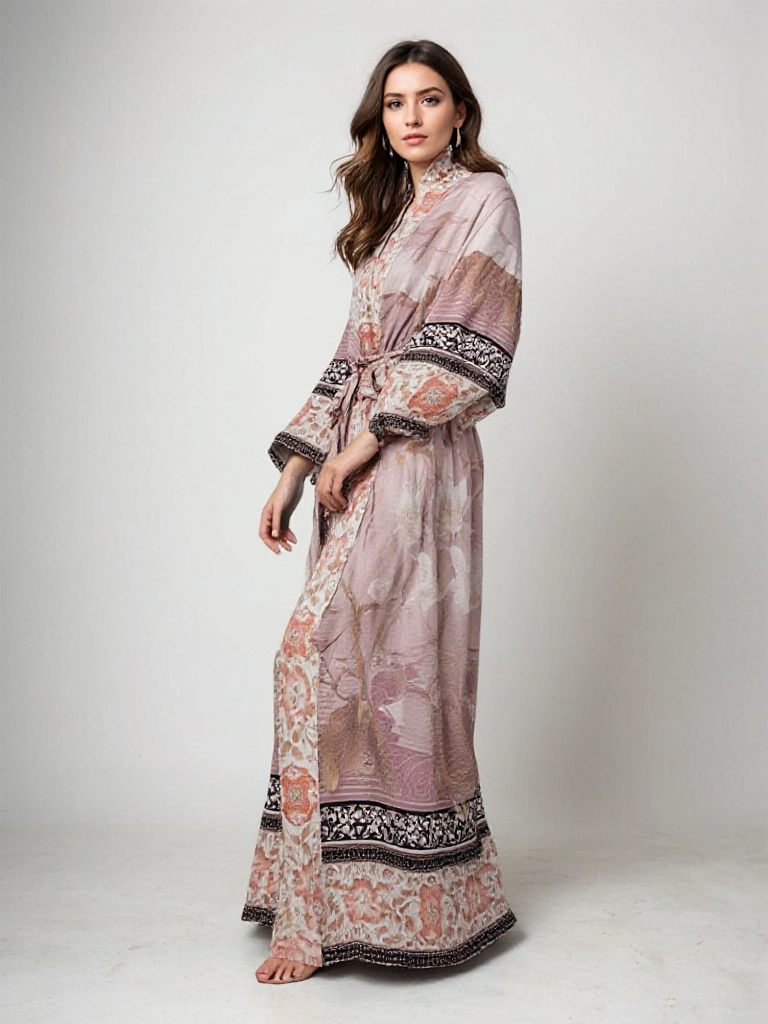Tullia | Maxi Kimono Dames met Bloemenprint - Luchtig, Bohemian en Veelzijdig - Dusty Rose / Oranje