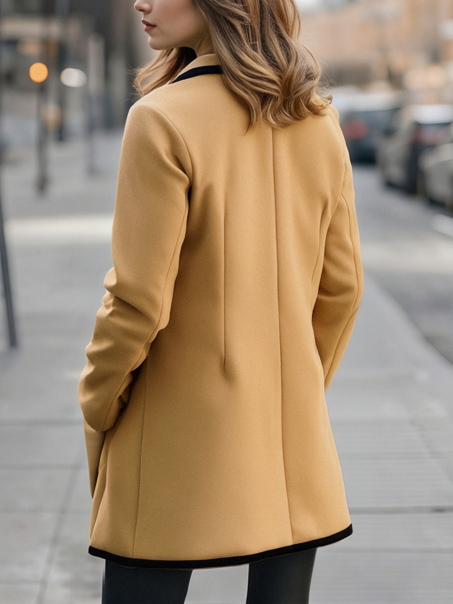 Allegra Chique dames winterjas met zwarte bies – double-breasted mantel met elegante pasvorm