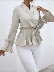 Boé Blouse | Elegante Blouse met V-Hals, Plooidetails en Strikceintuur