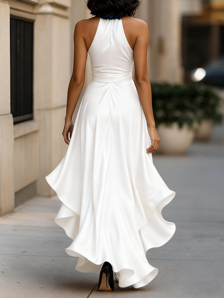 Dames Halter Maxi Jurk Satijn Look Diepe V-hals Split Vloerlengte Feestelijk - Marineblauw / Champagne / Bordeaux - Maelen