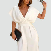 Dames Jumpsuit met Overslaghals, Wijde Pijpen en Kapmouwen - Zwart/Beige/Wit