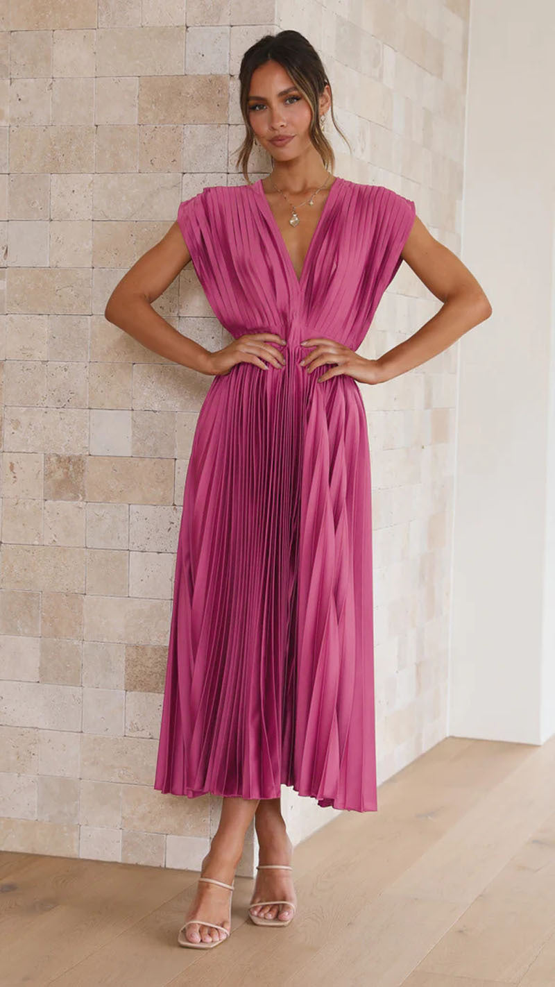 Dames Midi Jurk Plissé Rok V-hals Korte Mouwen Bruiloft Gast - Roze / Beige / Lila - Maelen