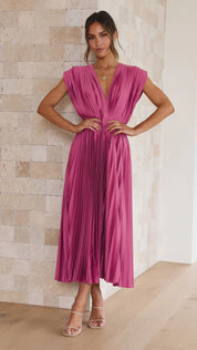 Dames Midi Jurk Plissé Rok V-hals Korte Mouwen Bruiloft Gast - Roze / Beige / Lila - Maelen