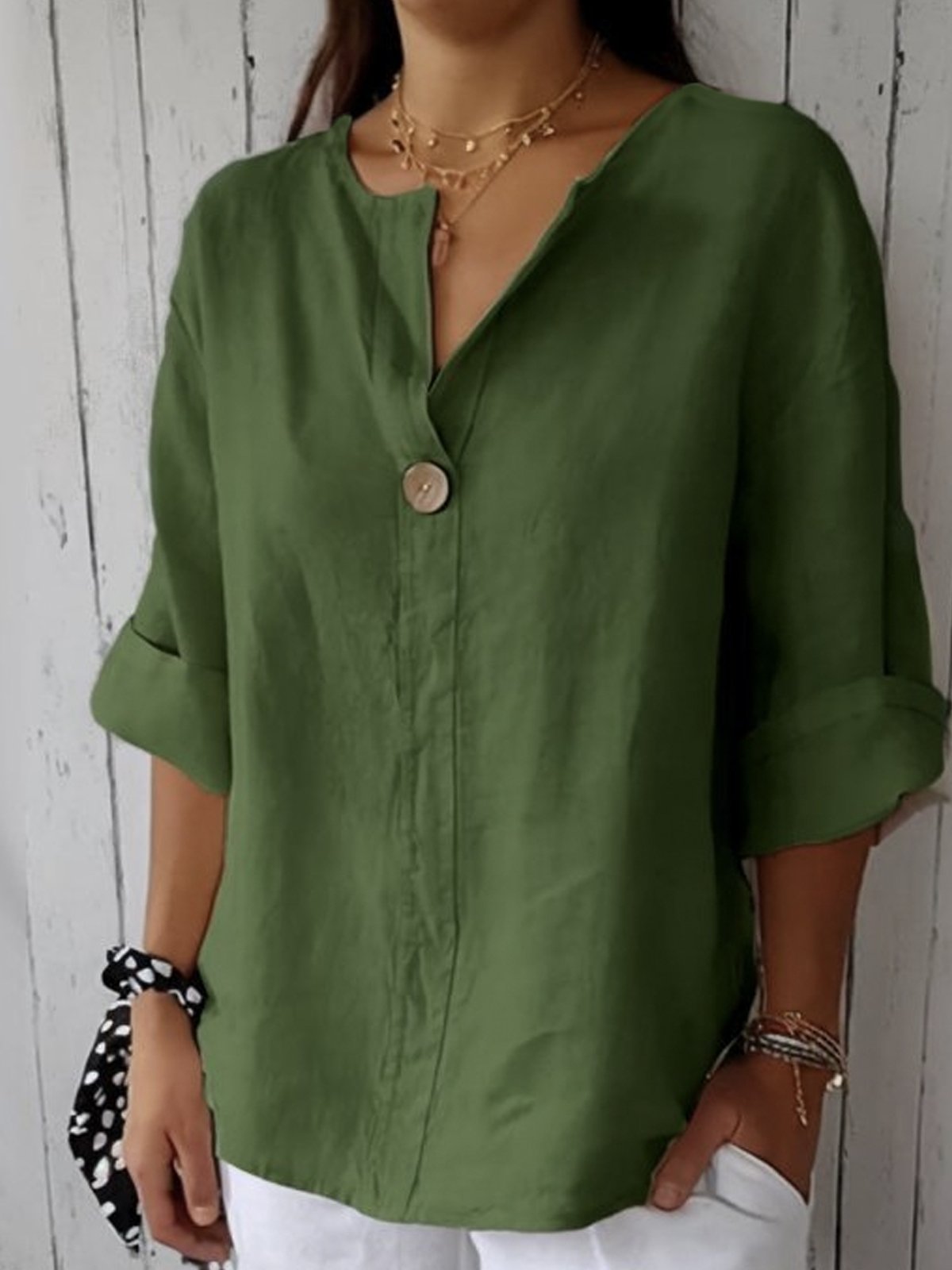 Dames Zomerblouse V-hals Knoopdetail Linnen Look Loszittend - Beige / Marineblauw / Rood - Maelen