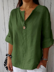 Dames Zomerblouse V-hals Knoopdetail Linnen Look Loszittend - Beige / Marineblauw / Rood - Maelen
