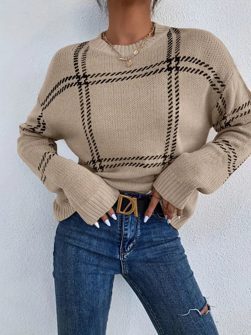 Adriana Trui | Gebreide Damestrui met Klassiek Plaid Patroon en Zachte Stof