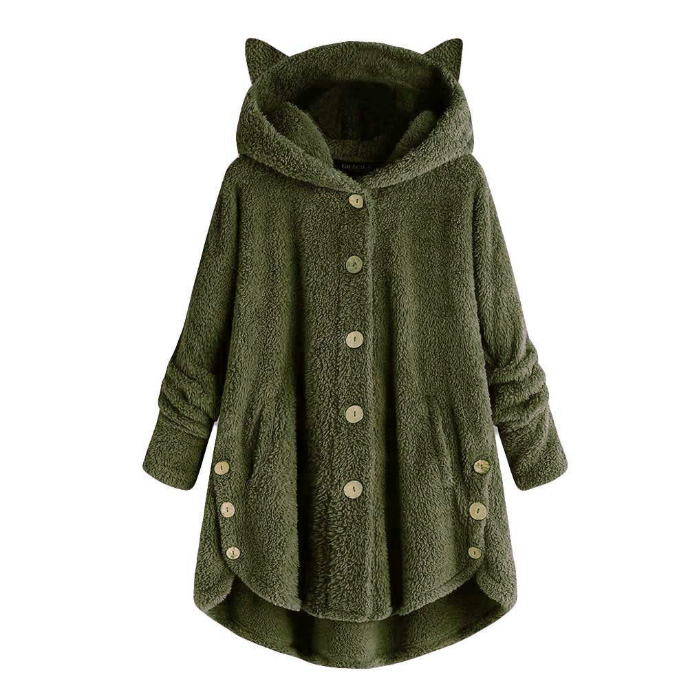 Mia Plush Coat | Oversized Damesjas met Kattenoren Capuchon en Knoopsluiting