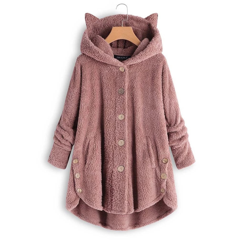 Mia Plush Coat | Oversized Damesjas met Kattenoren Capuchon en Knoopsluiting