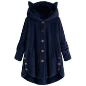 Mia Plush Coat | Oversized Damesjas met Kattenoren Capuchon en Knoopsluiting