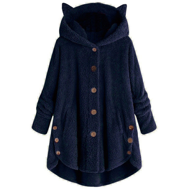 Mia Plush Coat | Oversized Damesjas met Kattenoren Capuchon en Knoopsluiting