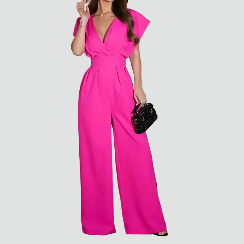 Dames Jumpsuit met Overslaghals, Wijde Pijpen en Kapmouwen - Zwart/Beige/Wit