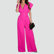 Dames Jumpsuit met Overslaghals, Wijde Pijpen en Kapmouwen - Zwart/Beige/Wit